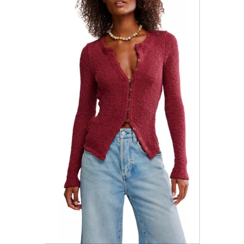 We The Free by Free People Textured Button Front Cardigan Top SM Berry Red